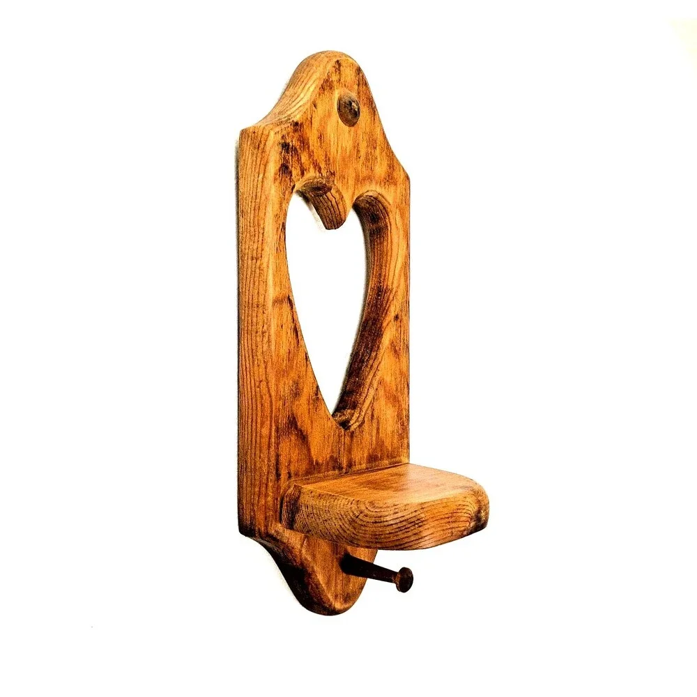 Vintage Pine Wood Peg Shelf with Heart Cutout Handmade Wall Hang Country Rustic